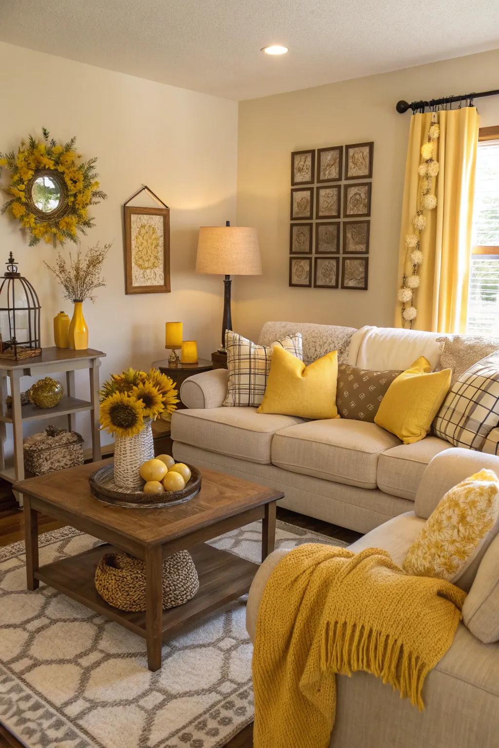 Seasonal yellow decorations keep the living room lively and fresh.