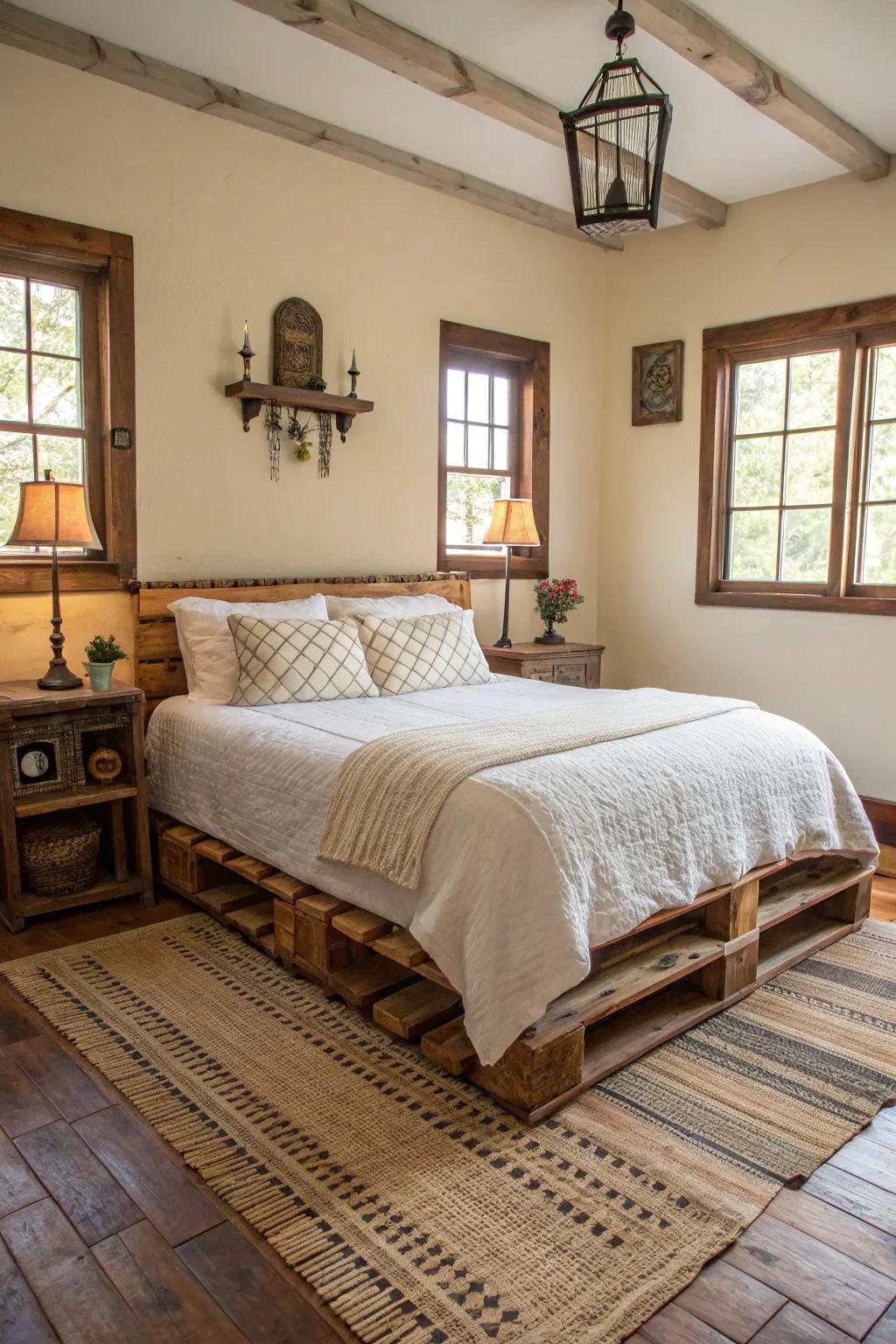 A farmhouse-style pallet bed brings rustic charm and warmth to your bedroom.