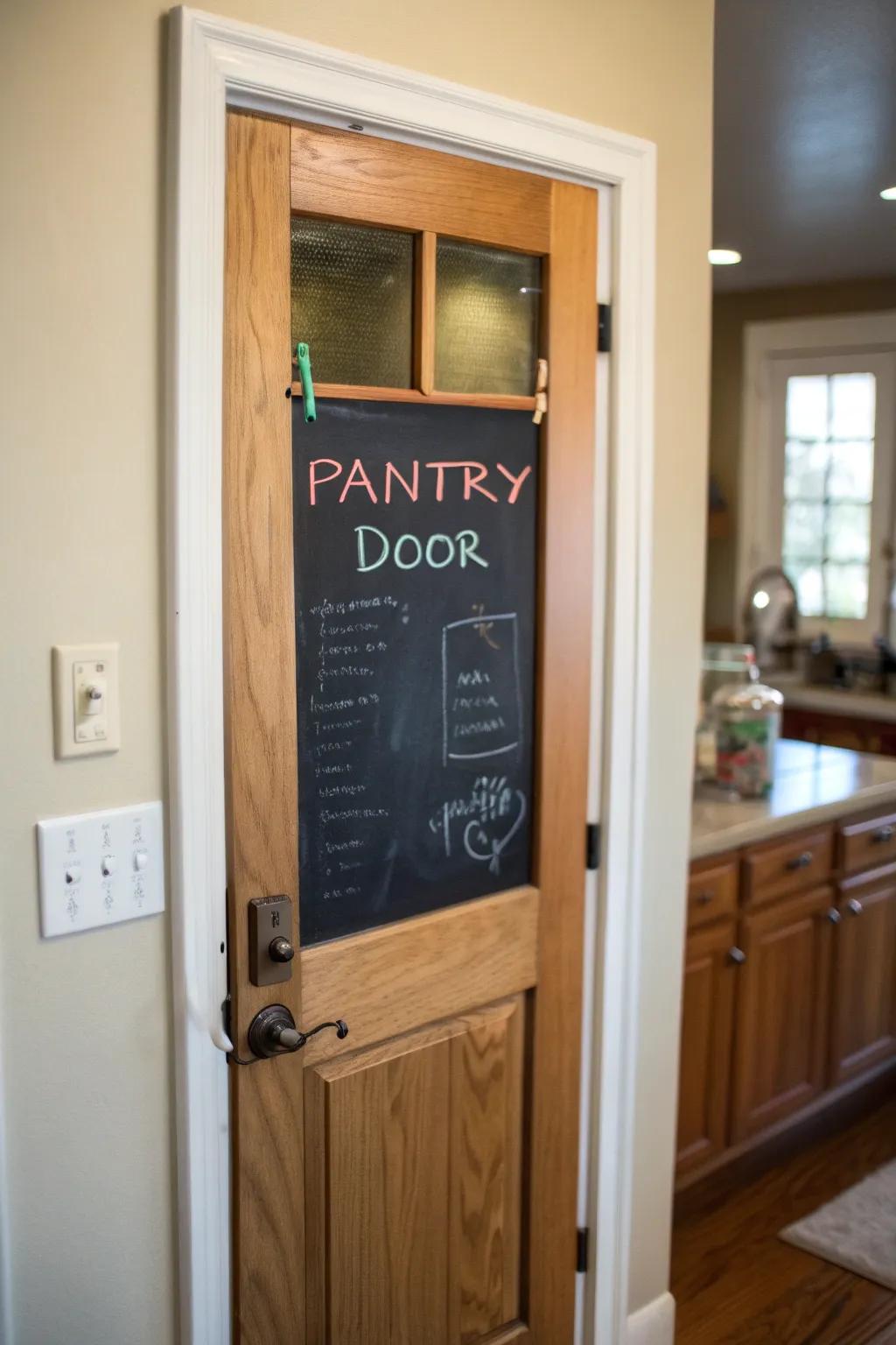 A chalkboard on the pantry door keeps lists and notes handy.