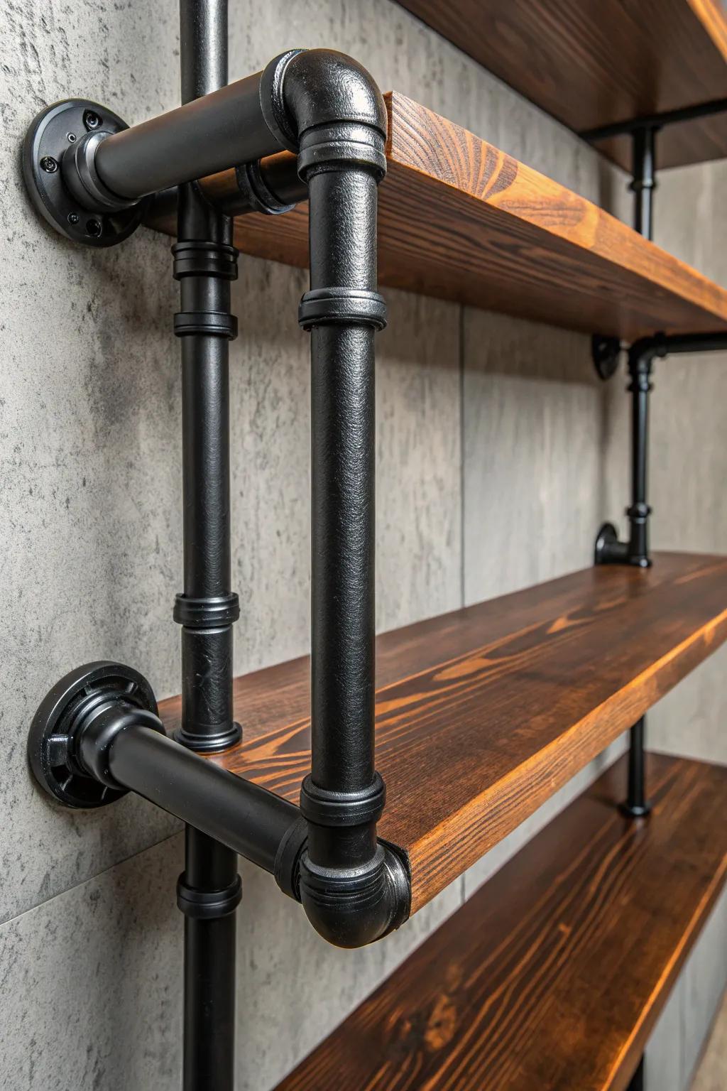 Elevate your pantry with industrial elegance: sturdy metal pipes as chic shelf supports.