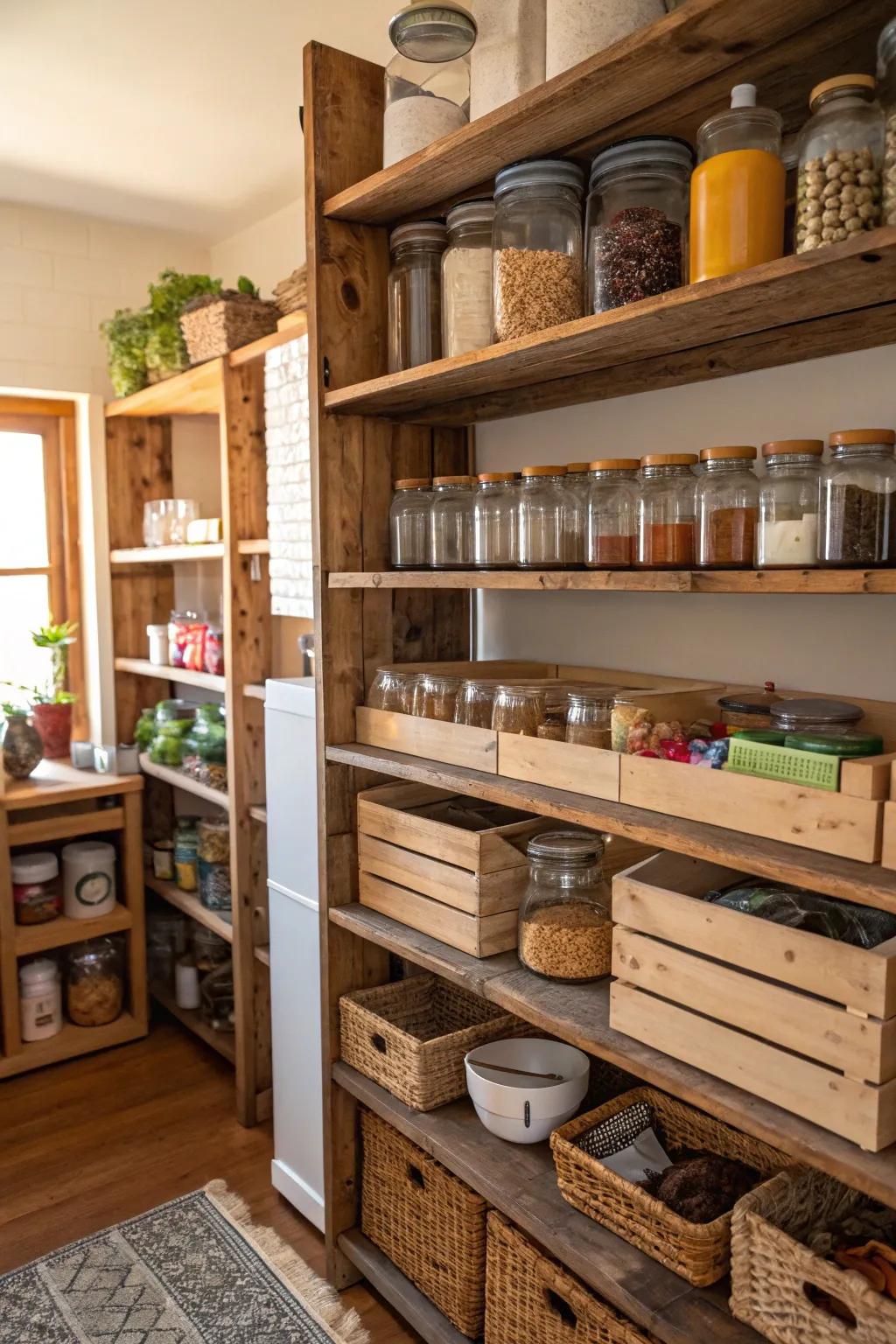 Reclaimed wood shelves offer sustainability and style.