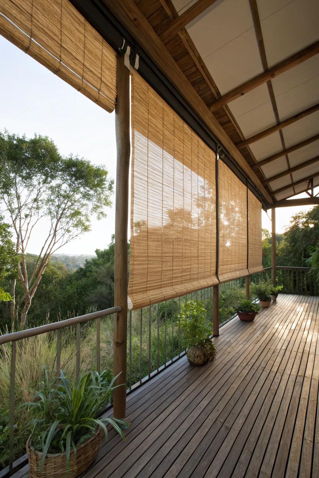 A cozy deck featuring bamboo roll-up shades for added privacy and warmth.