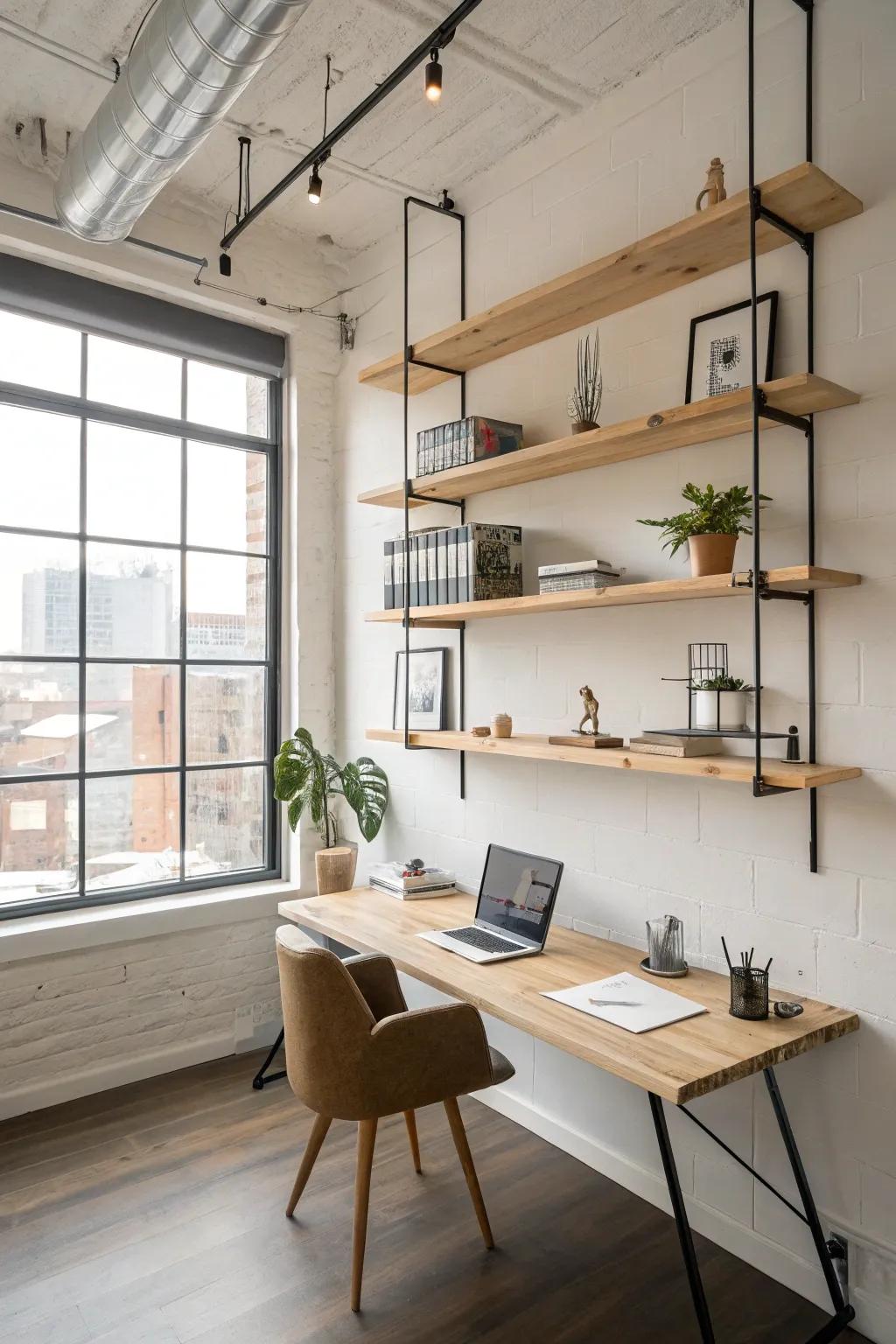 Floating shelves provide sleek and airy storage solutions.