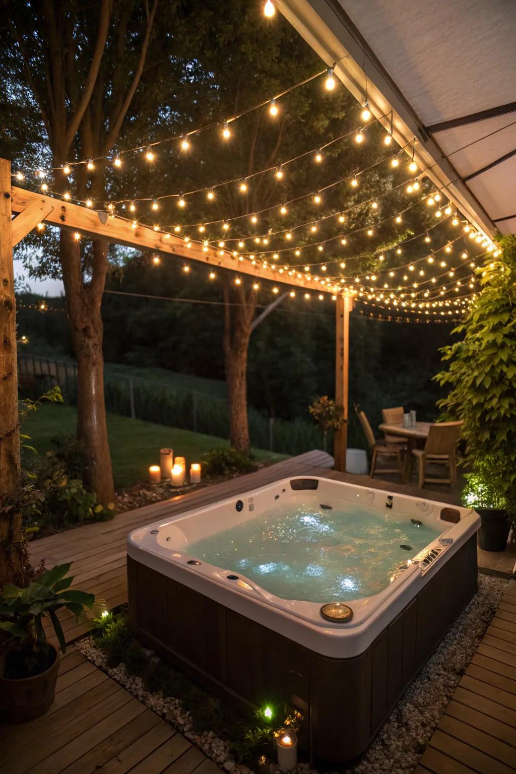 String lights around a hot tub create a romantic ambiance.