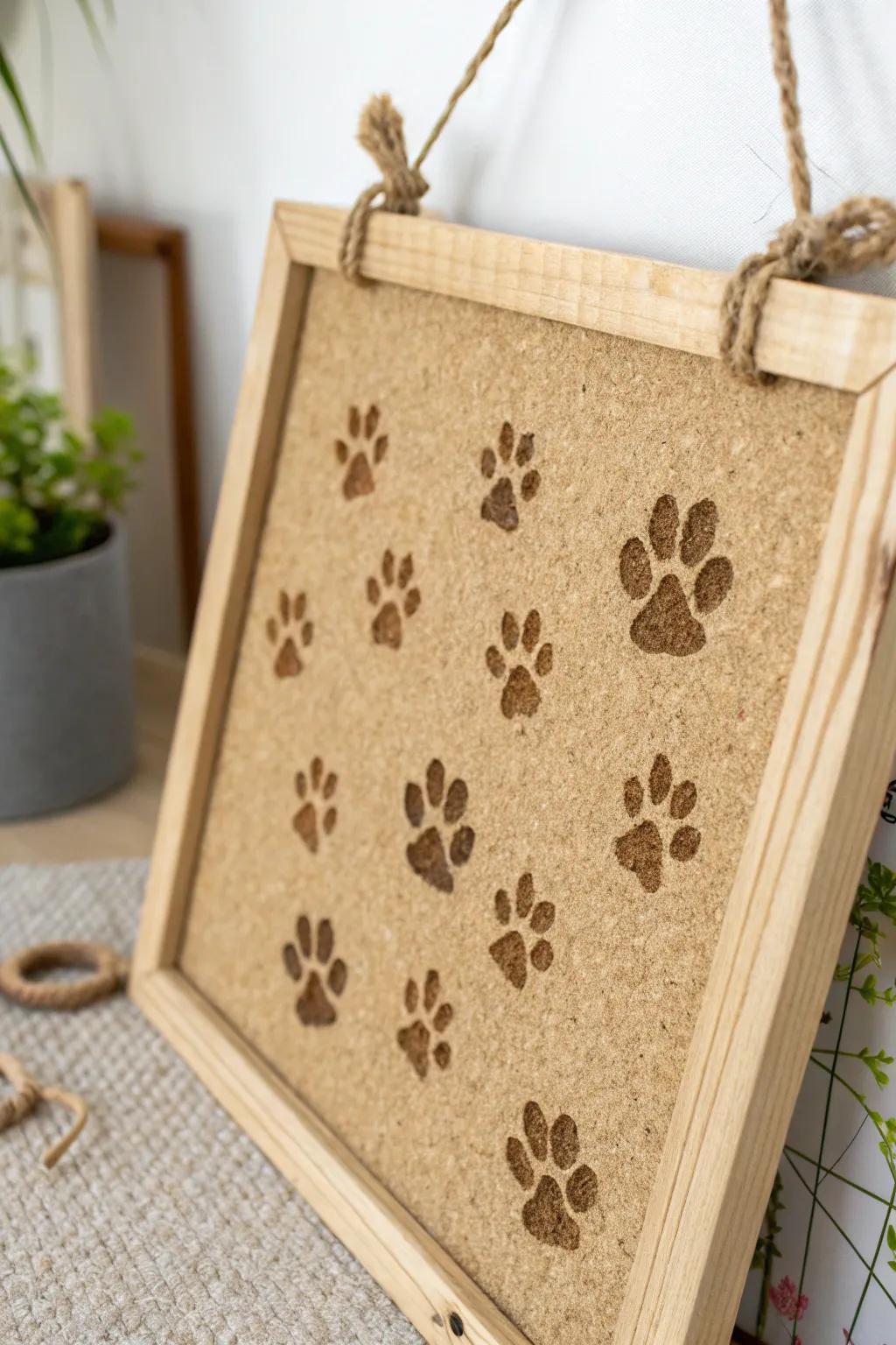 Sustainable Style: Elevate your space with eco-friendly paw print designs on a minimalist cork board.