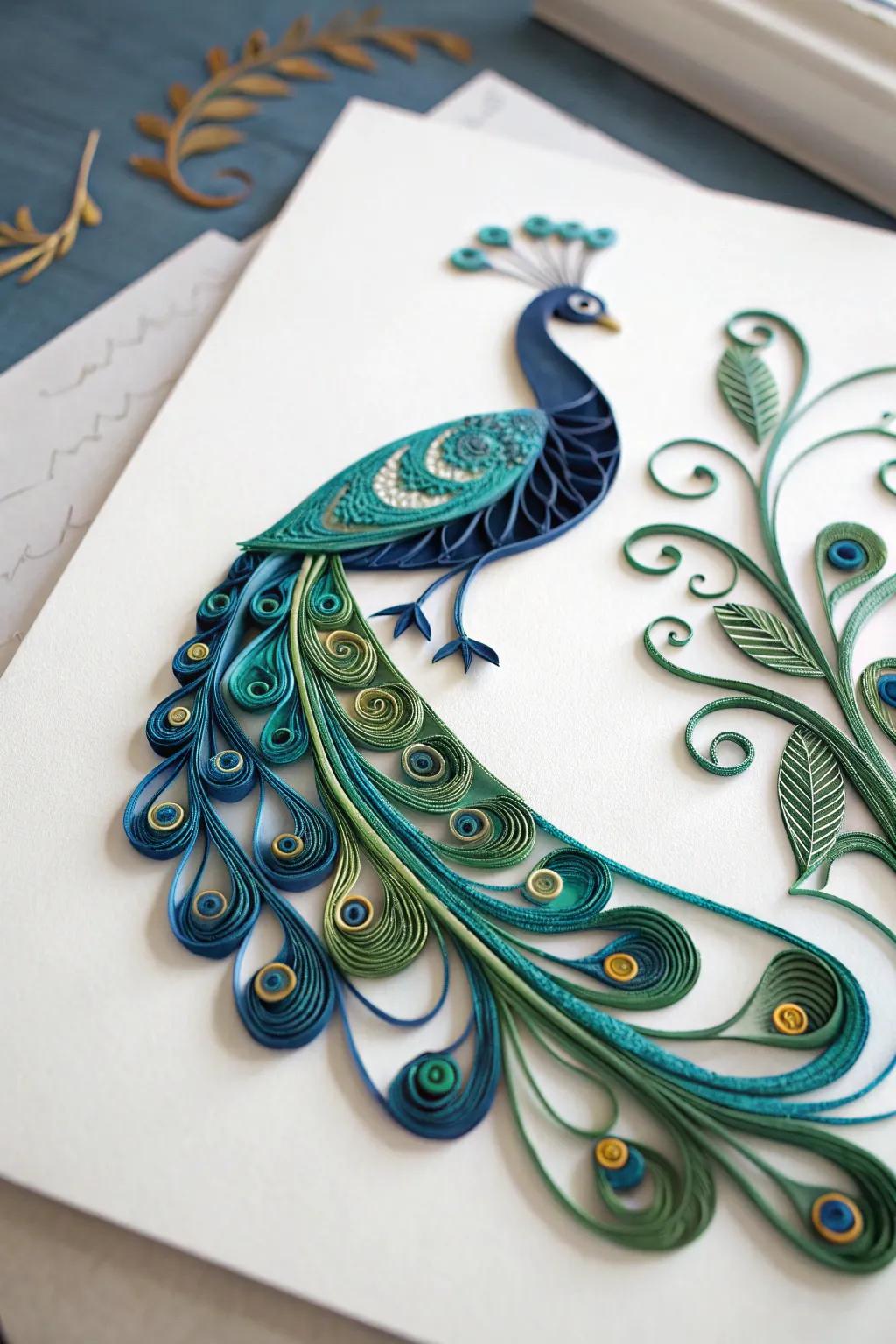 Witness the elegance of quilled paper art in this stunning peacock masterpiece, where craftsmanship meets simplicity.