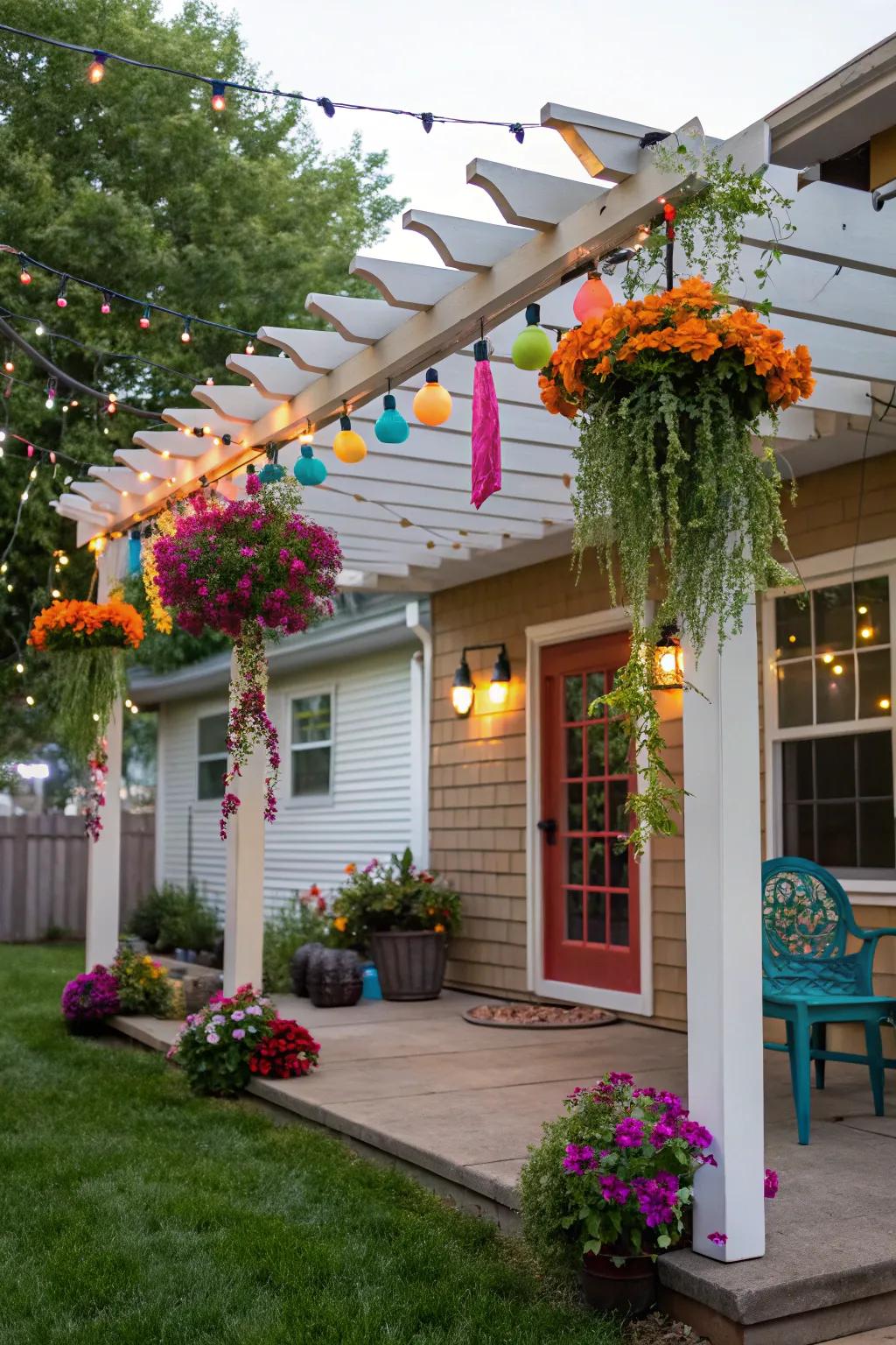 A pergola featuring colorful accents that add personality and joy.