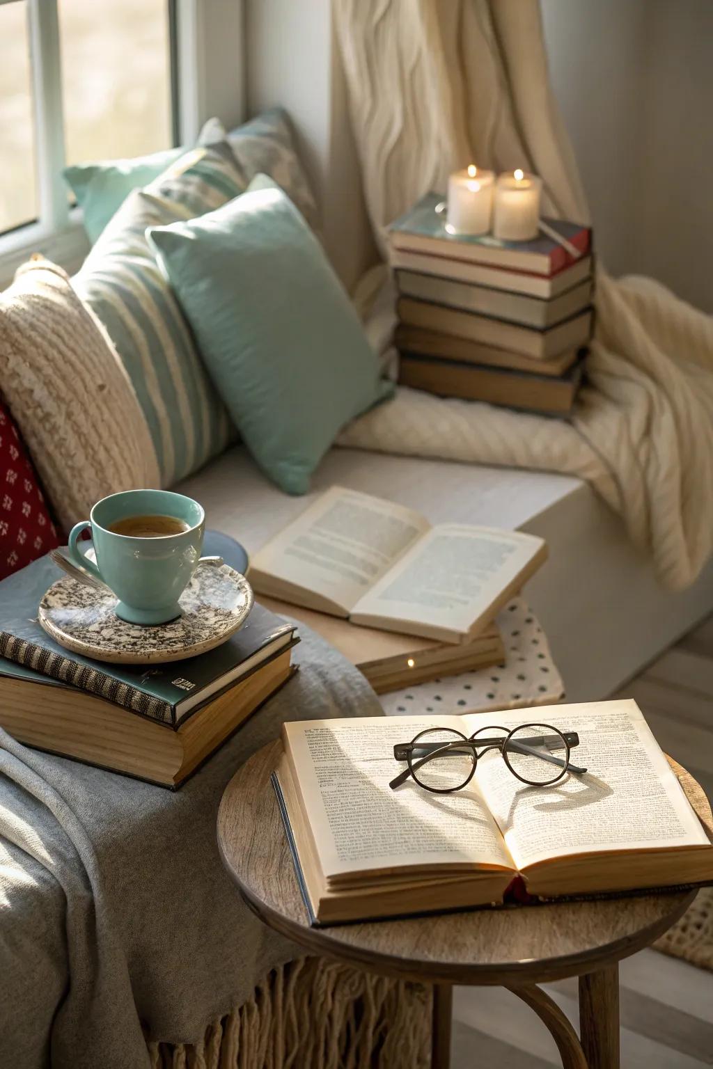 A book nook keeps her reading essentials organized and accessible.