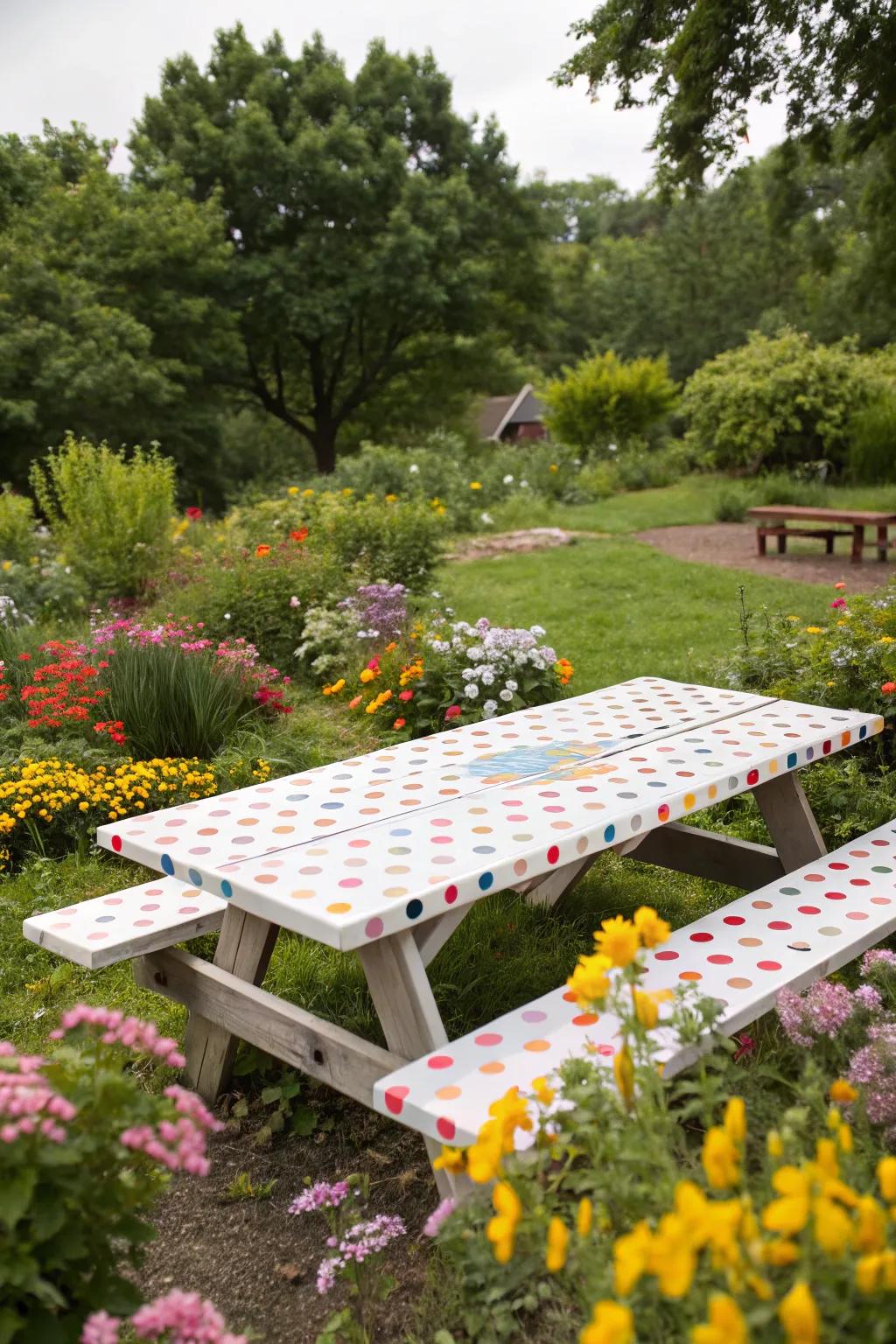 Whimsical dots bring a playful and fun element to the picnic table.