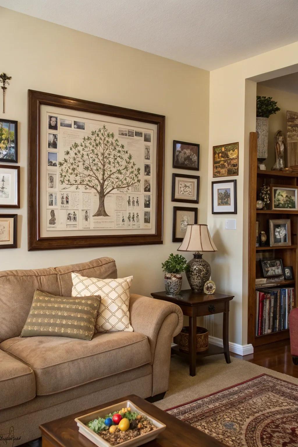 A living room featuring a framed family tree display.