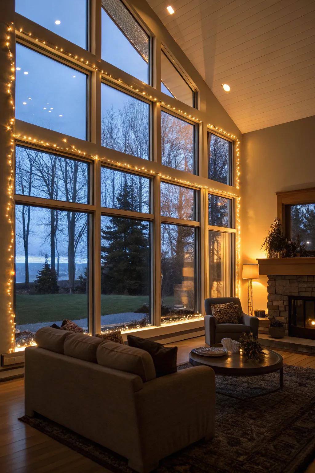 Picture windows enhanced by LED accent lighting, creating a nighttime glow.