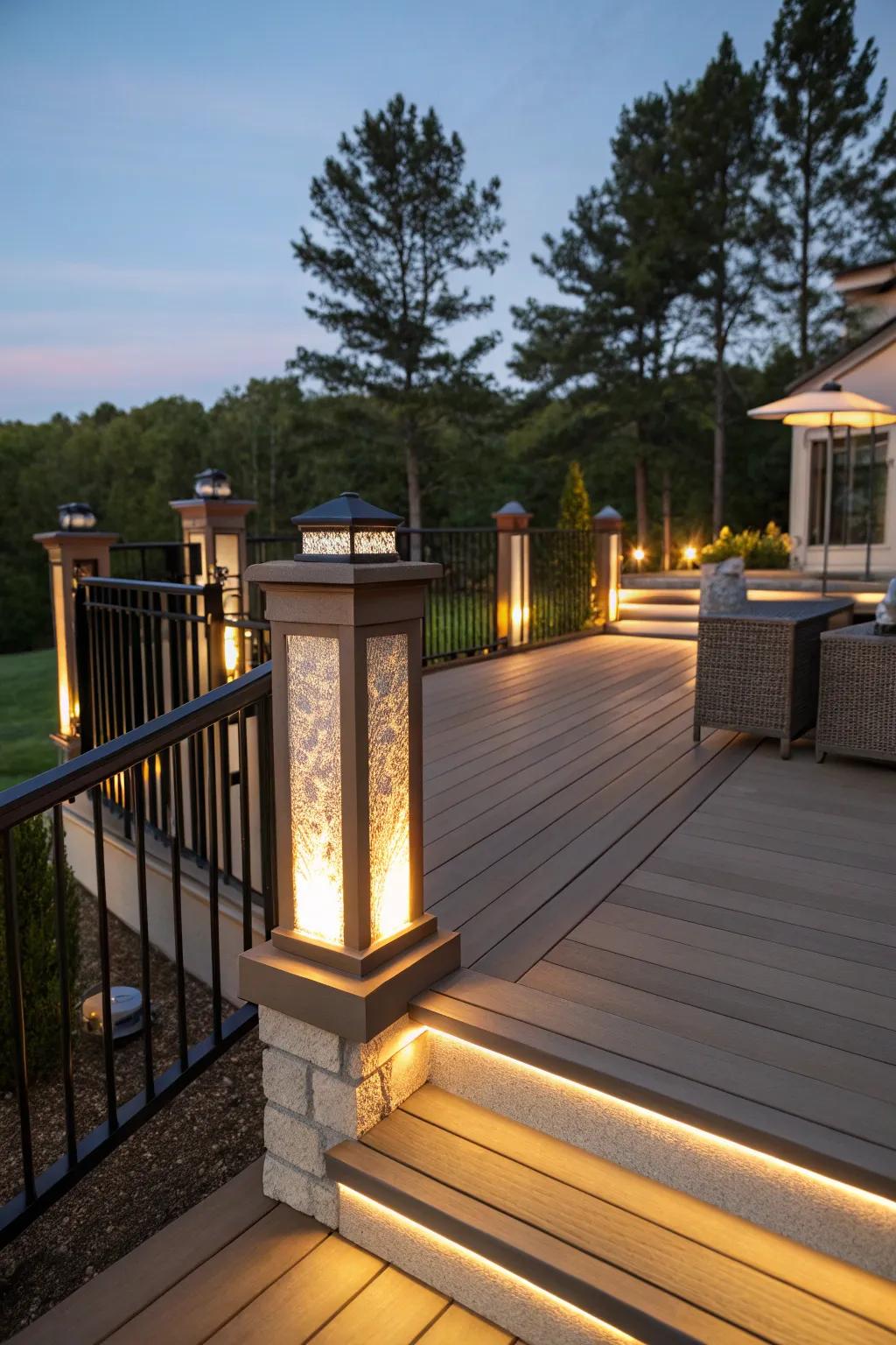 An inviting composite deck illuminated by soft, ambient lighting.