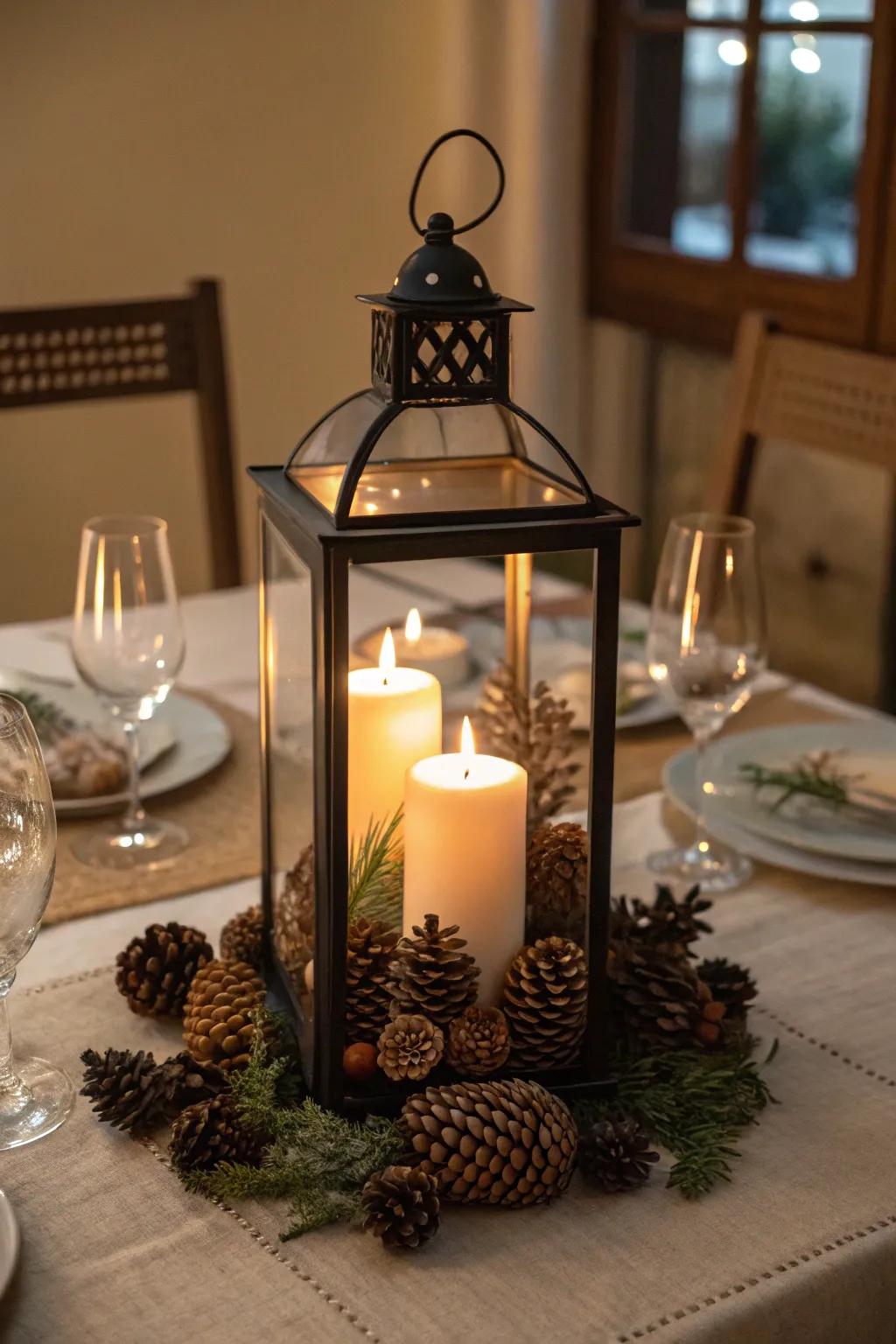 Create a warm ambiance with pine cone lanterns.