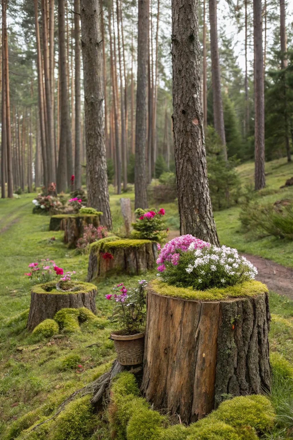 Tree stumps repurposed as planters add rustic charm.