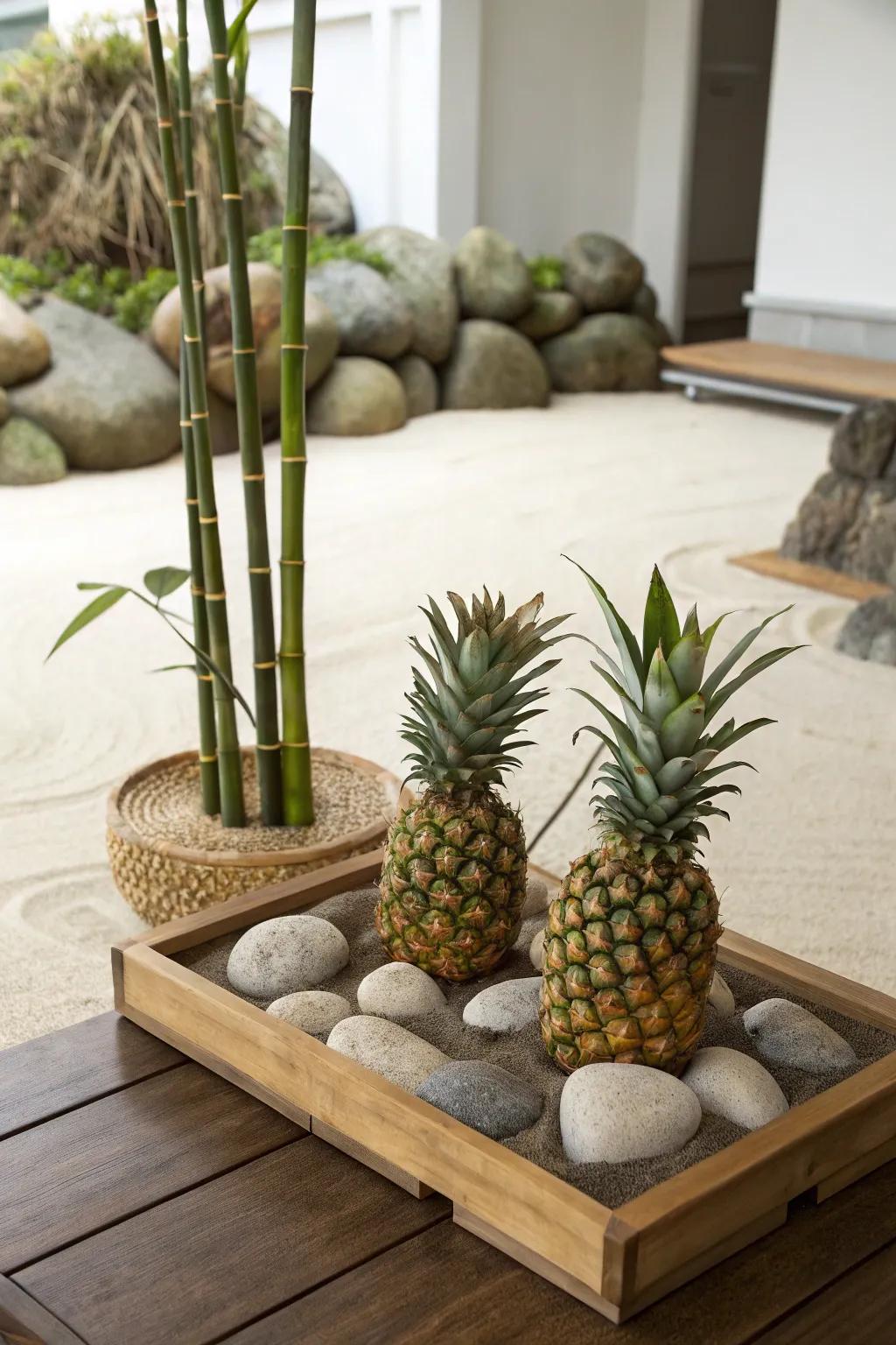 A pineapple and bamboo fusion creates an exotic and calming centerpiece.