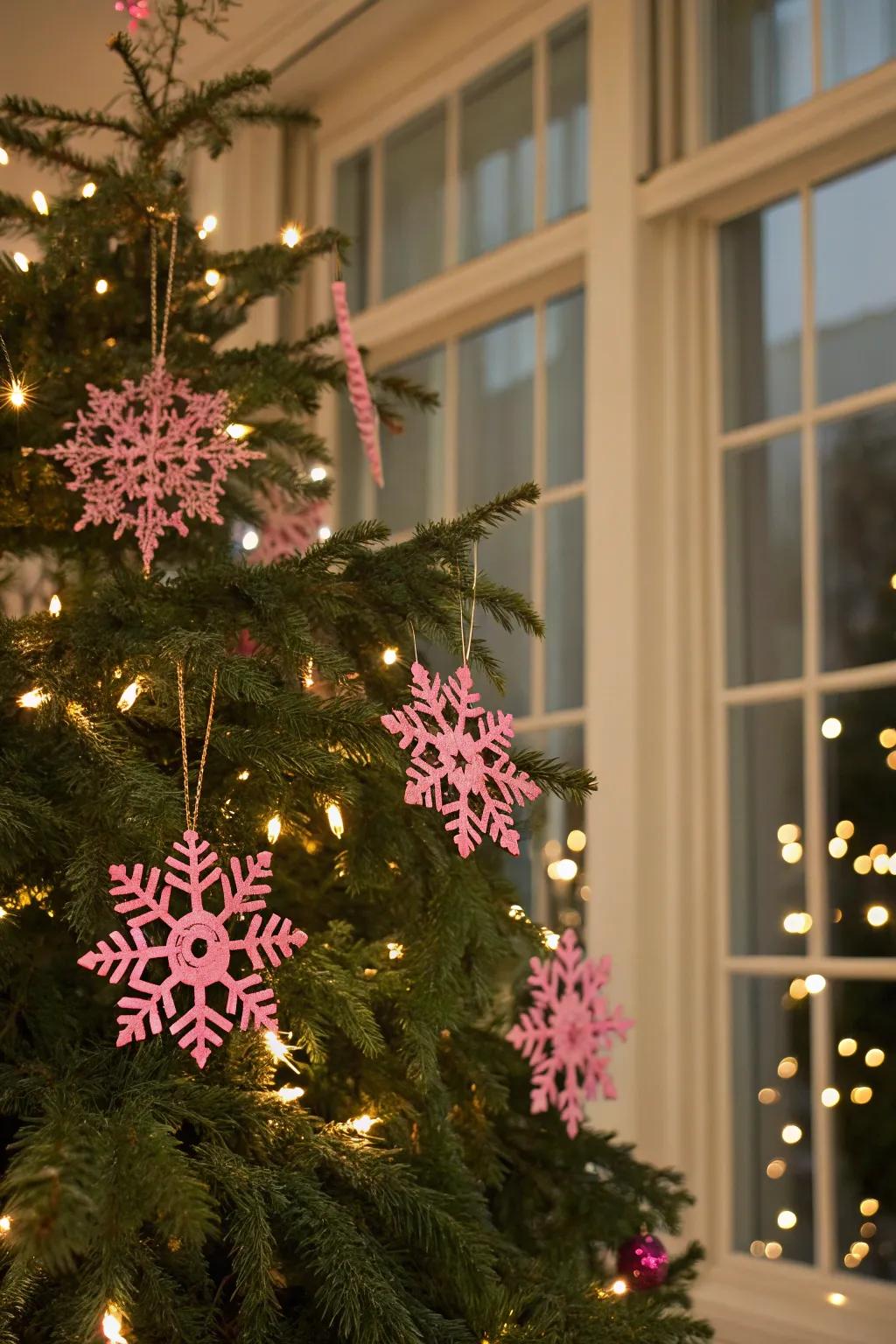 Pink snowflakes bring winter magic to your holiday decor.