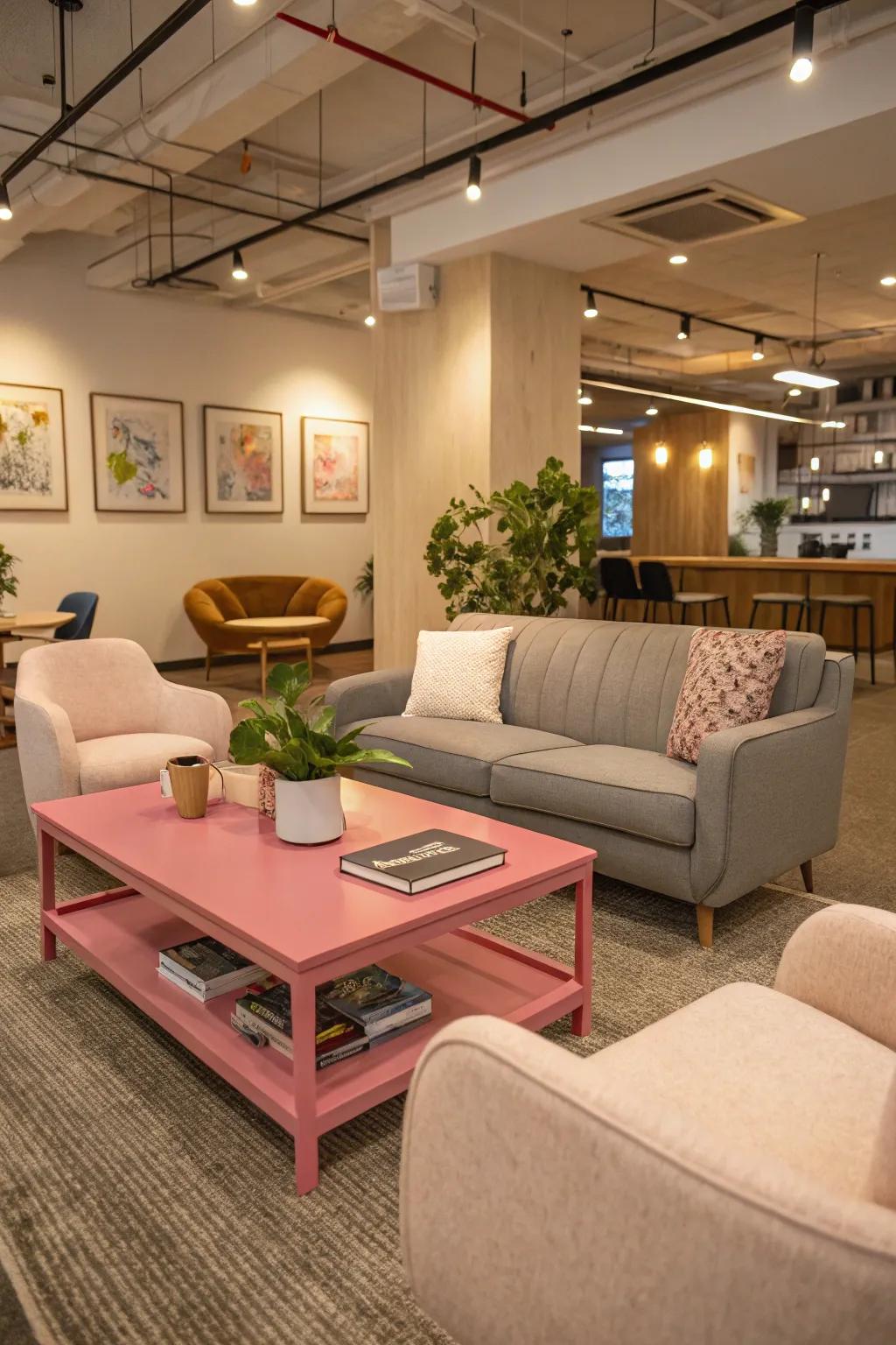 A pink coffee table enhances both functionality and decor.