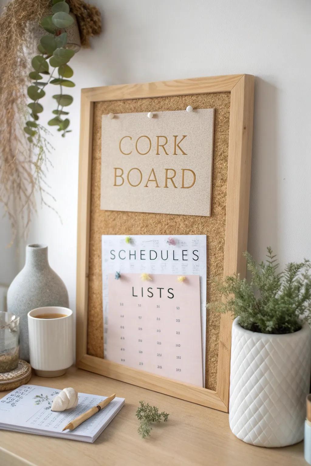 Create a serene family command center with this minimalist cork board setup — simplicity meets functionality.