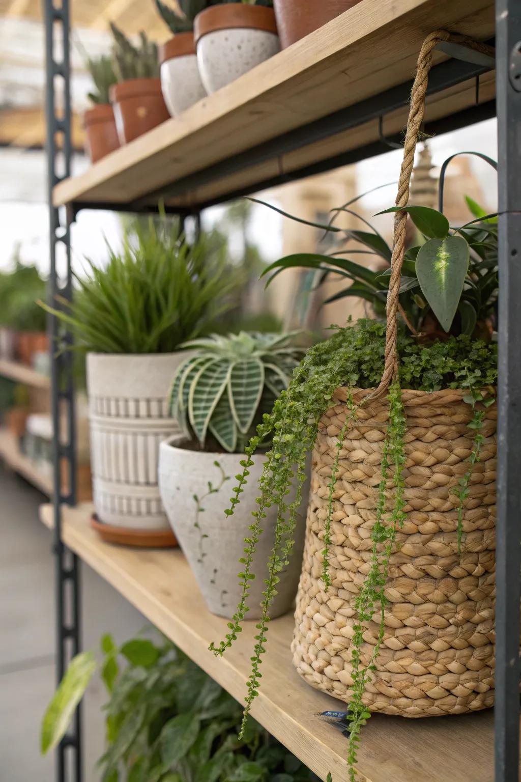 A textured plant shelf with a mix of smooth pots and rough baskets.