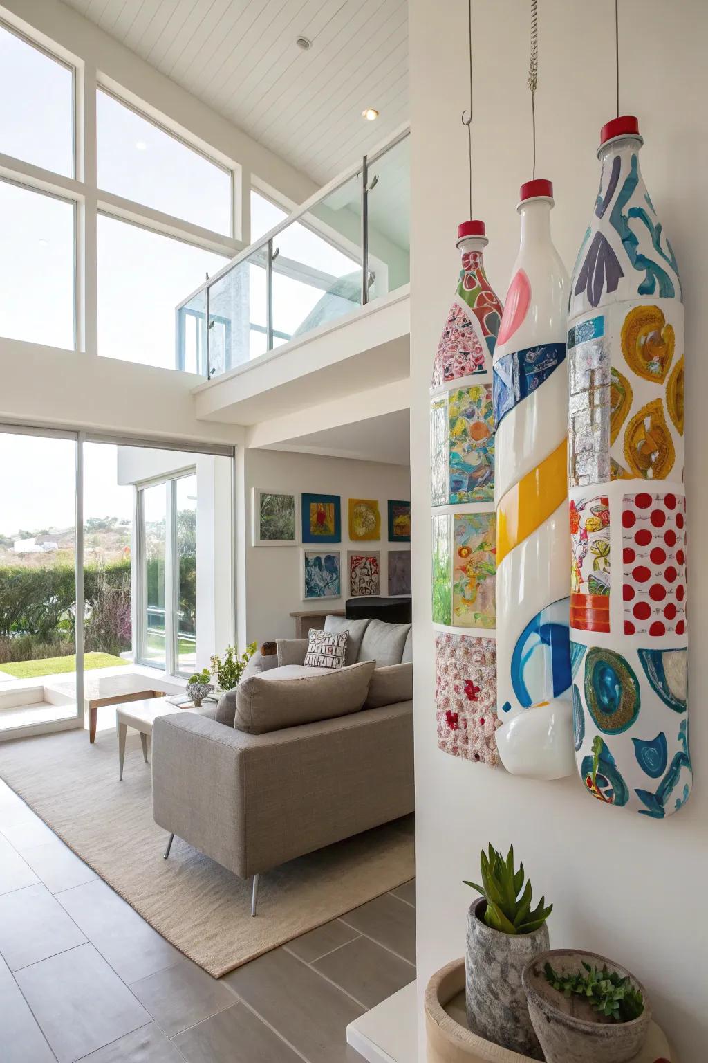 Add artistic flair to your home with unique wall art crafted from milk bottles.