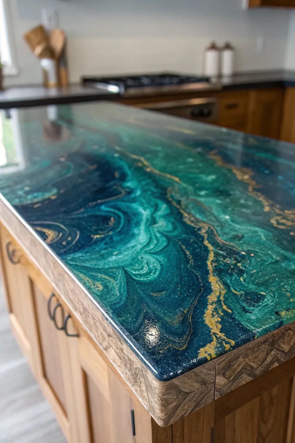 Transform your space with a handcrafted resin topcoat for an artistic and durable plywood countertop.