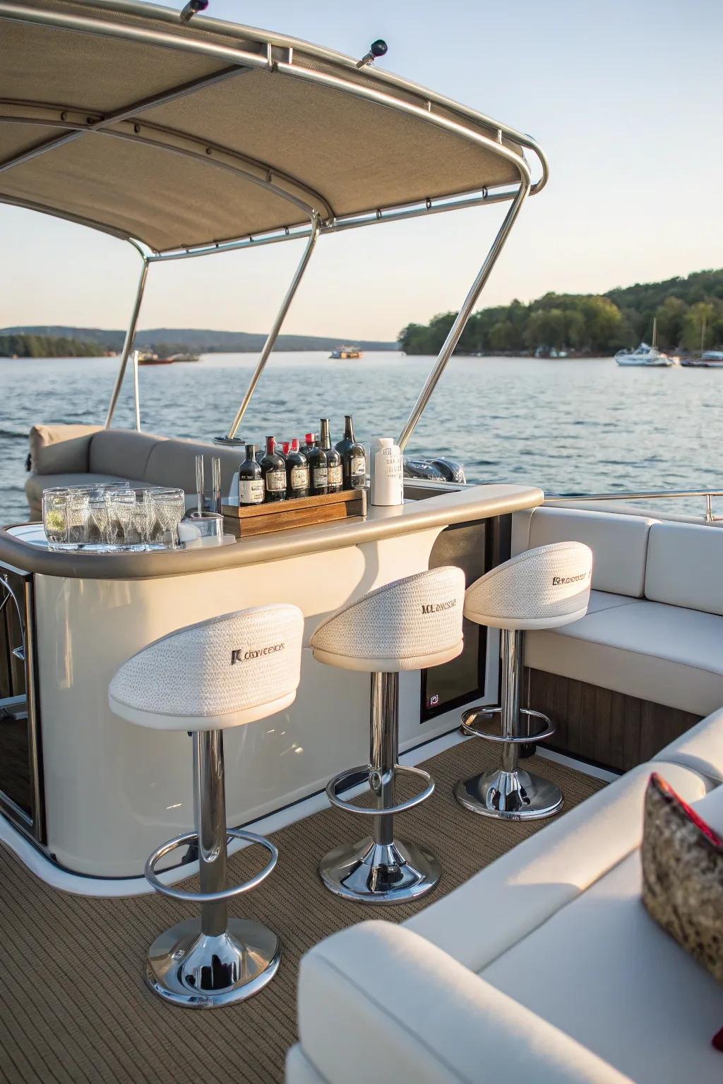 Bar stools add a chic and social vibe to the pontoon's deck.