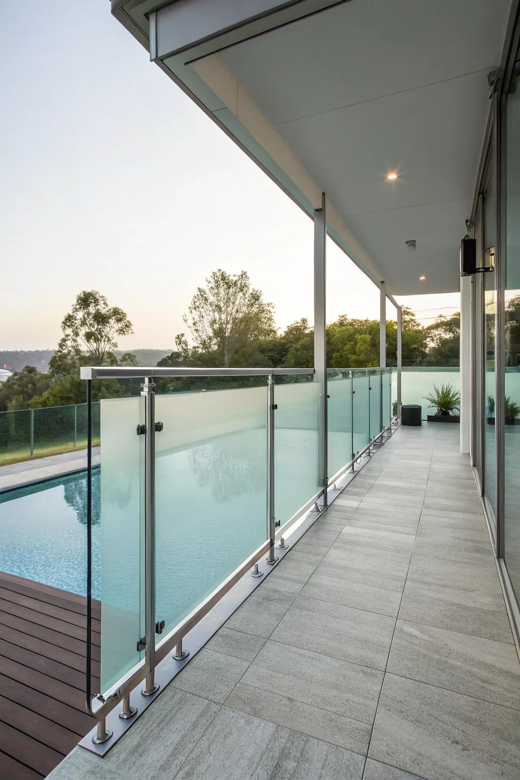 Frosted glass railings offer privacy without compromising style.