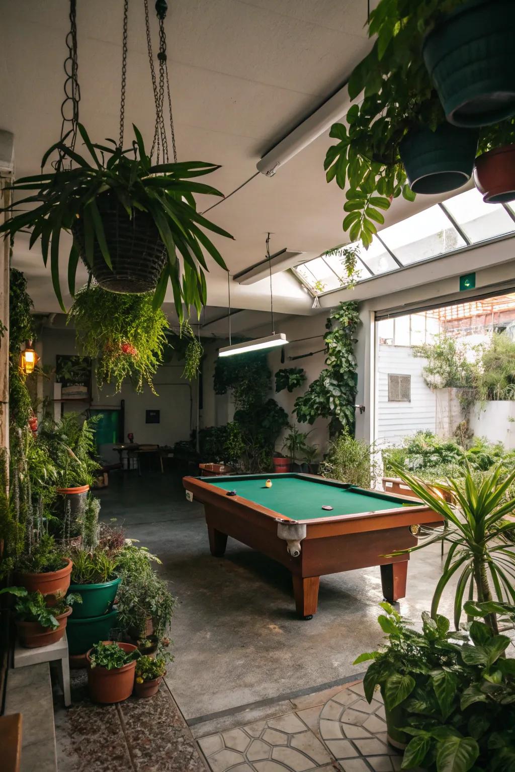 Indoor plants bring freshness and vitality to your garage game room.