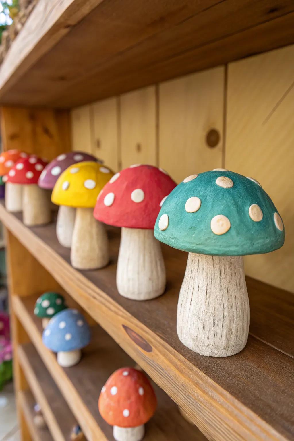 Whimsical clay mushrooms bringing a touch of nature indoors.