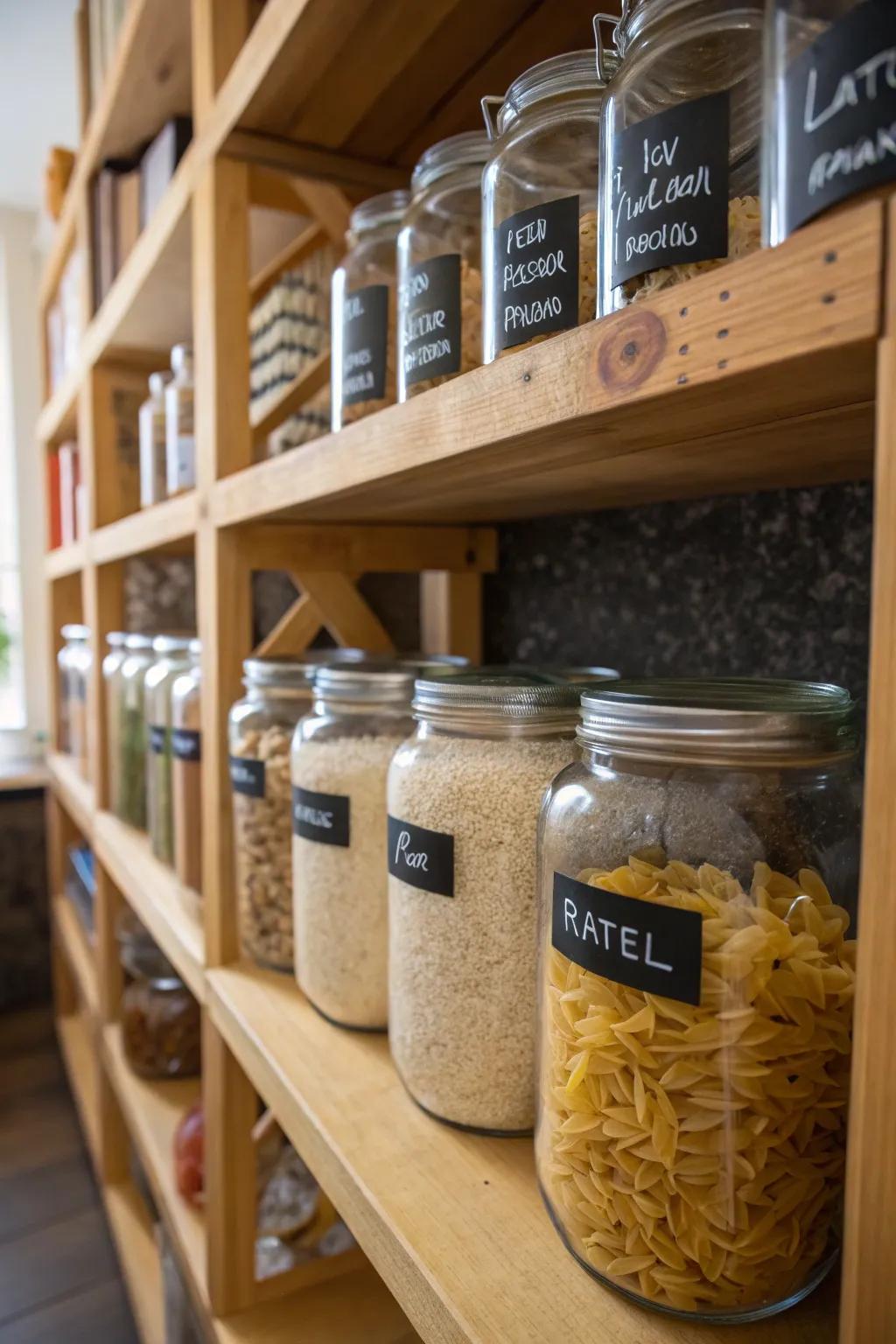 Labeled jars add order and beauty to bulk storage.