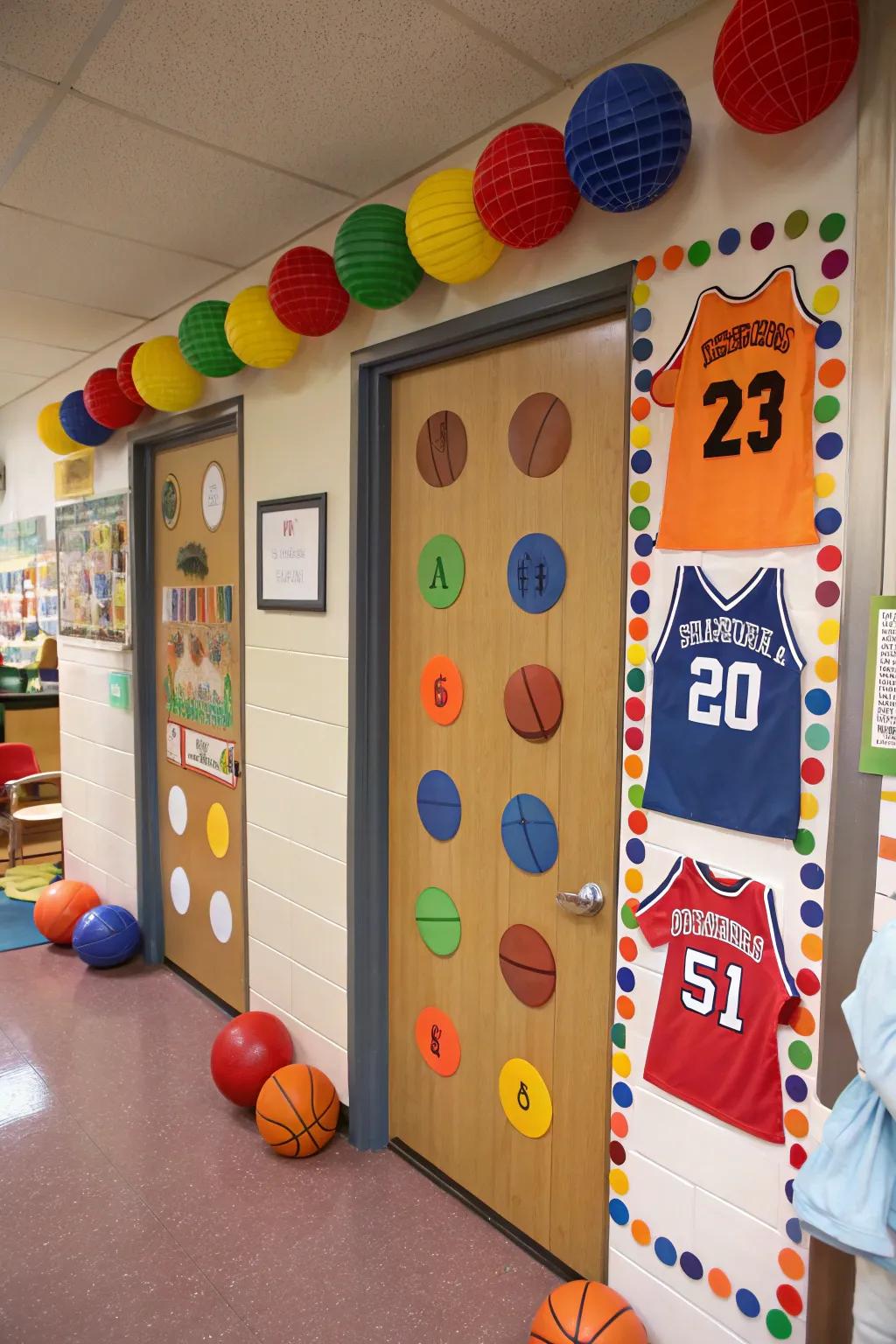 A sports-themed door encourages teamwork and play.