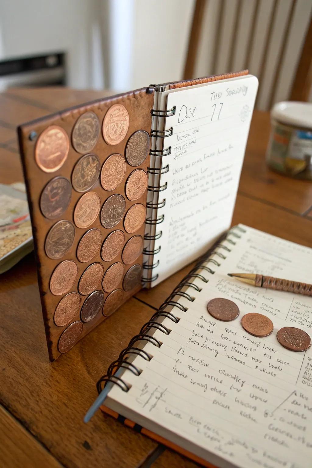 A penny book cover adds a personal touch to your travel diaries.