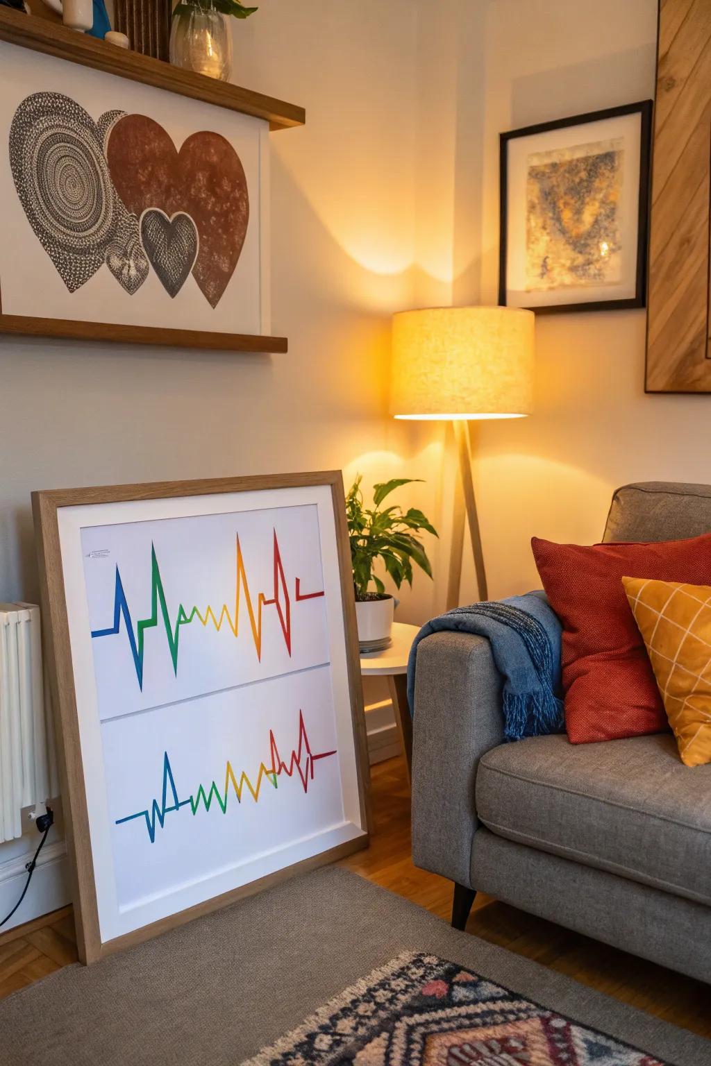 A heartbeat line painting bringing warmth and meaning to a cozy den.