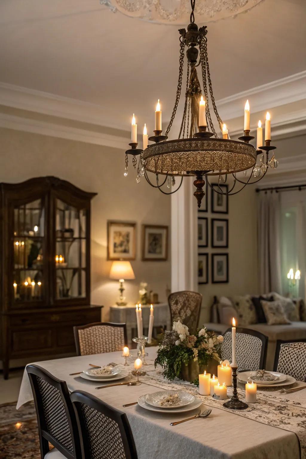 A candlelit chandelier adding romance to a dining room setting.