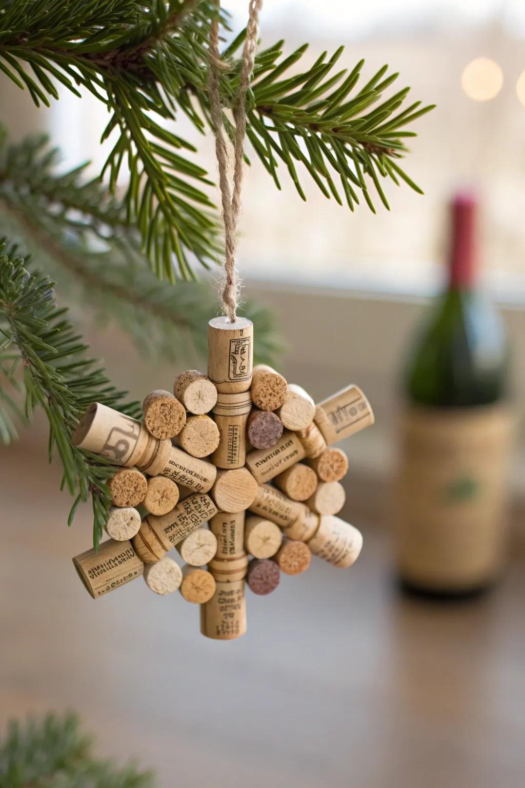 Elevate your holiday decor with a touch of rustic elegance: handcrafted wine cork snowflake ornaments.