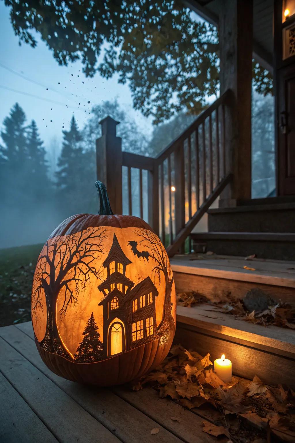 A haunted house pumpkin adds a spooky narrative to your decor.