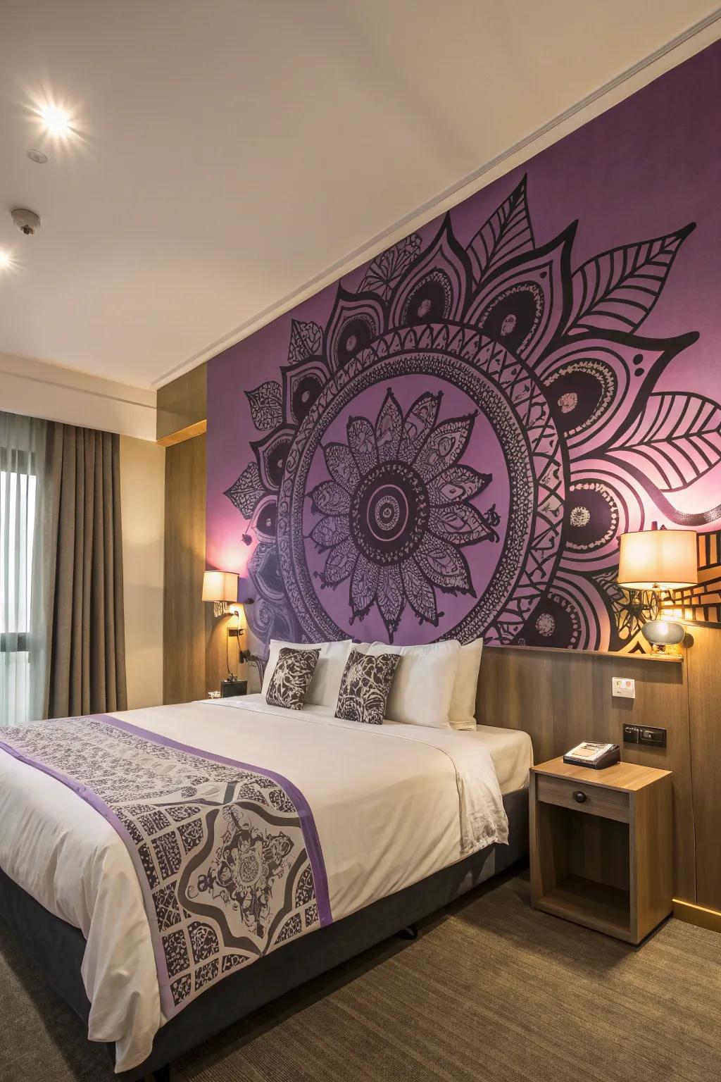 An artistic wall mural makes a bold statement in the bedroom.