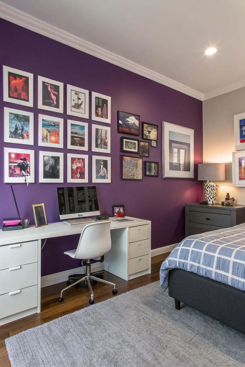 A purple-themed gallery wall adds personalization.