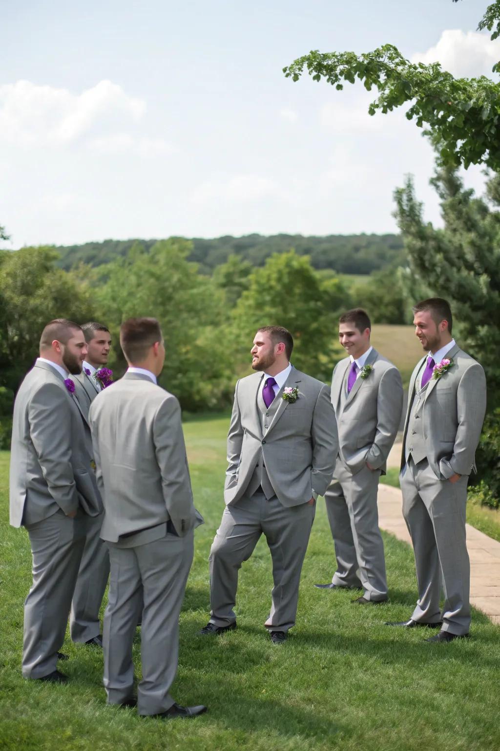 A sophisticated look with gray suits and purple accents.