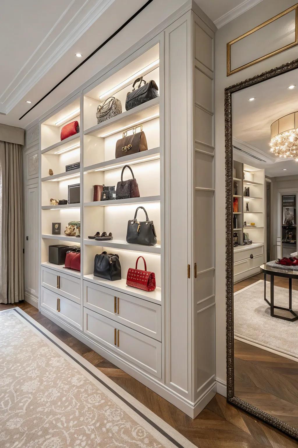 Open shelving provides ample space for purse display.