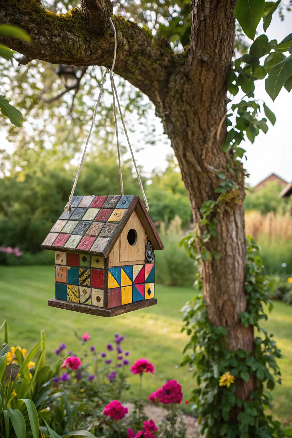 A puzzle cube birdhouse adds charm and attracts birds to this garden.