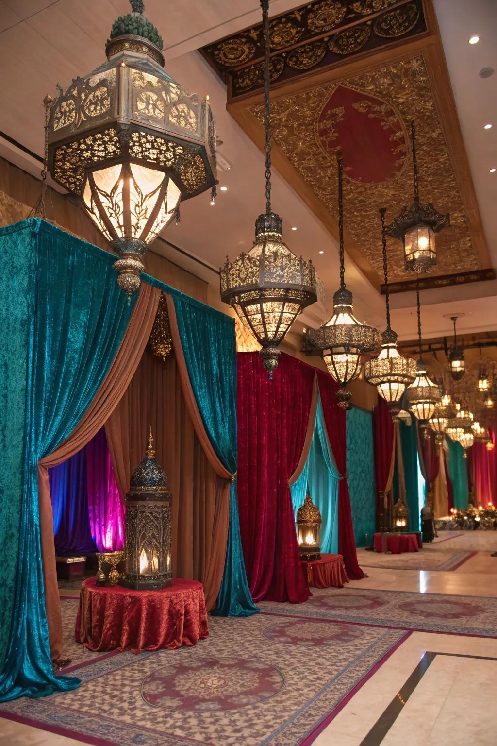 An exotic Arabian Nights-themed quinceanera with luxurious decor.