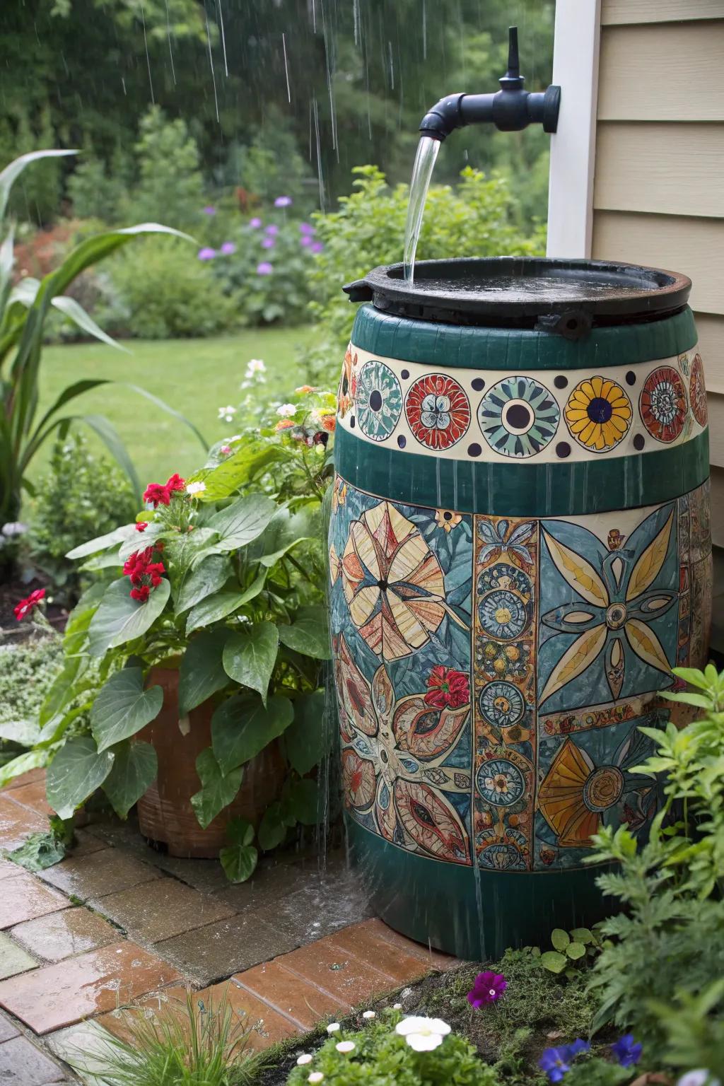 Artisan tile mosaics add color and texture, transforming your rain barrel into art.