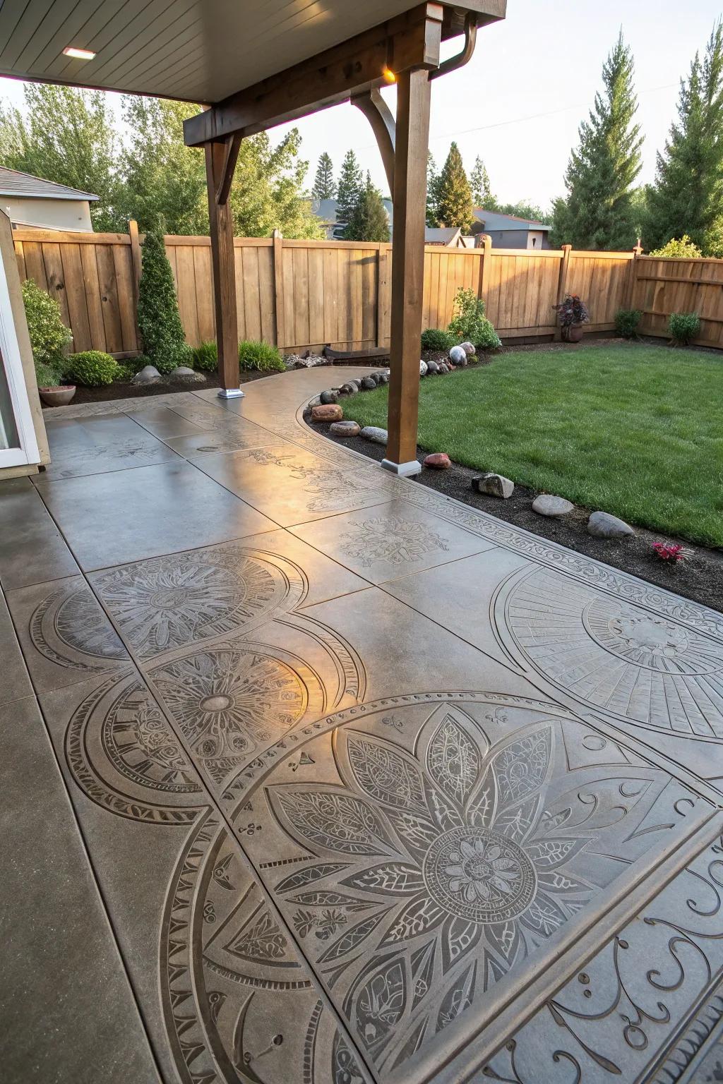 Artistic finishes add unique character to this raised concrete patio.