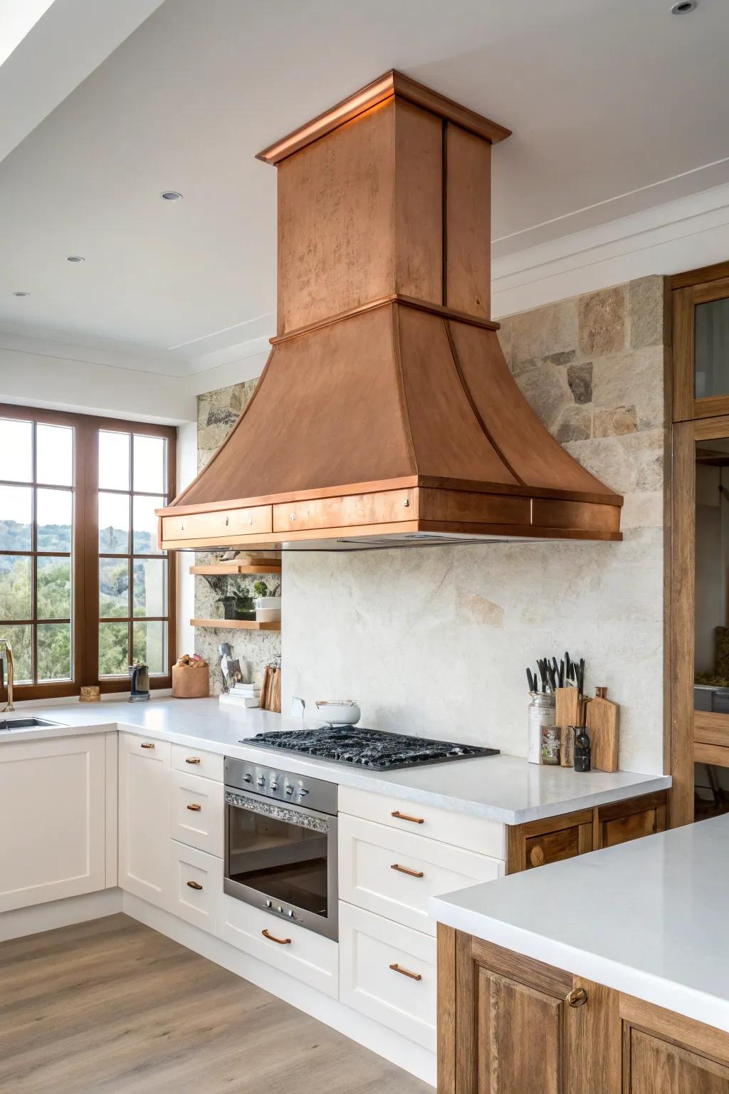 Mixing materials in range hoods creates dynamic and balanced designs.