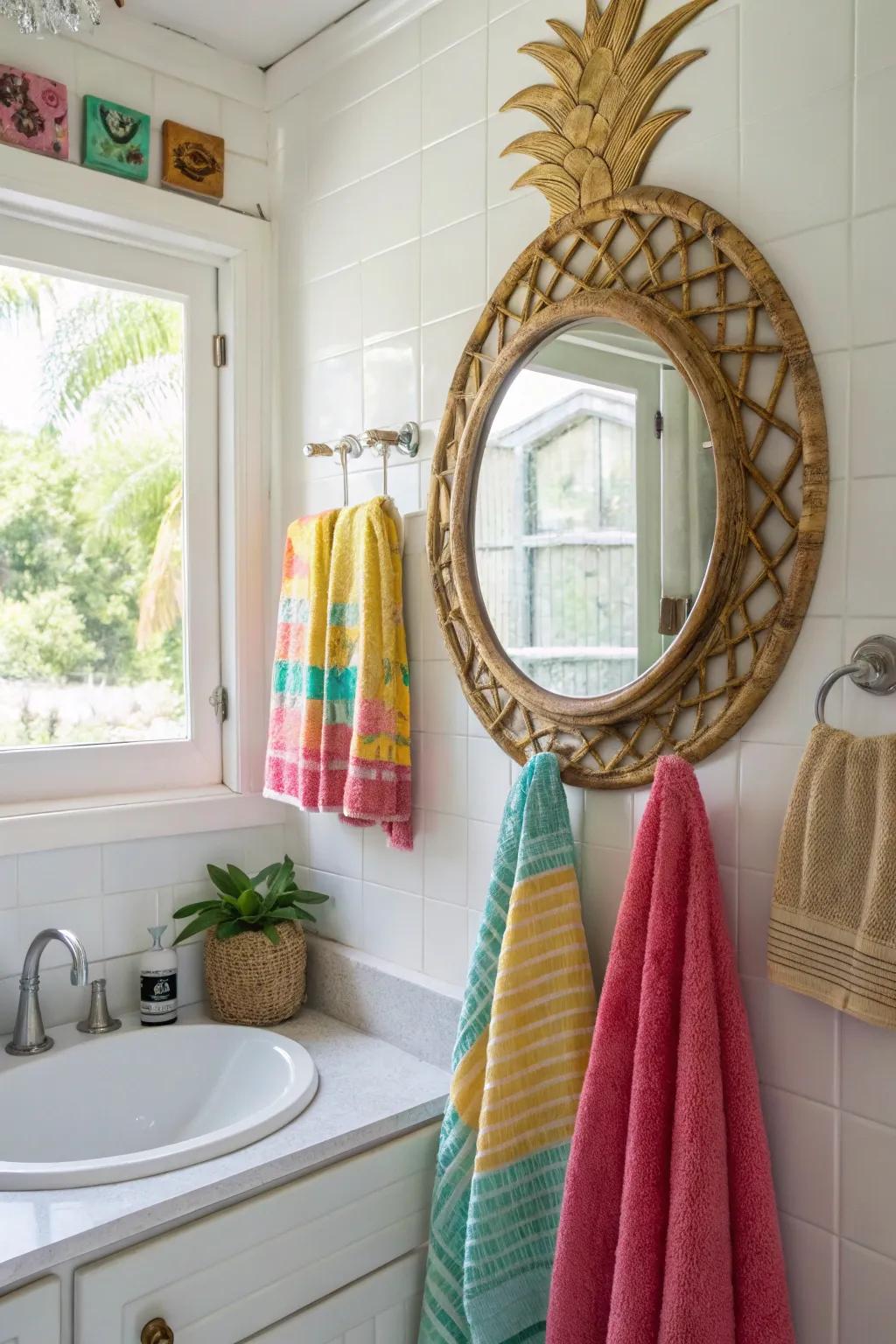 A tropical rattan pineapple mirror adds a quirky touch.