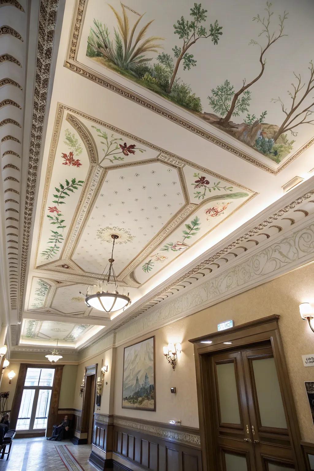 A room with a recessed ceiling adorned with nature-inspired motifs.