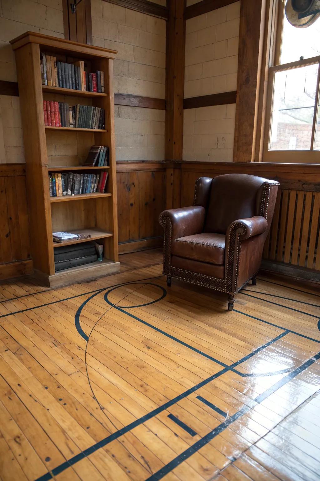 Find solace in style: A cozy reading nook with reclaimed court flooring.
