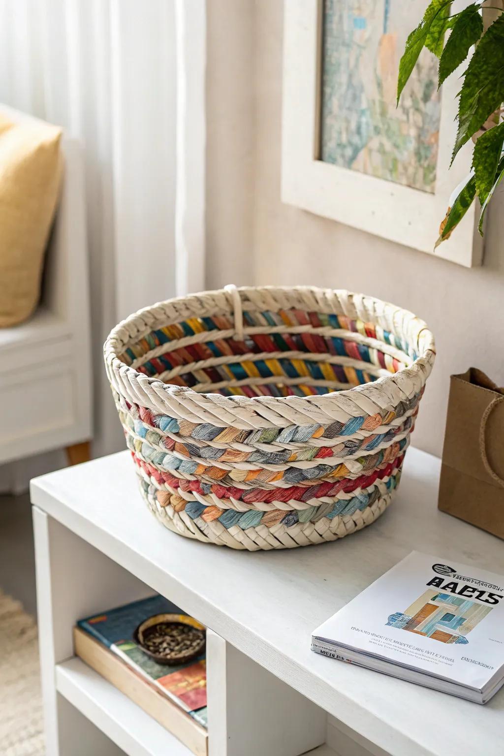 Transform your studio with these vibrant magazine page baskets – a chic blend of style and sustainability.