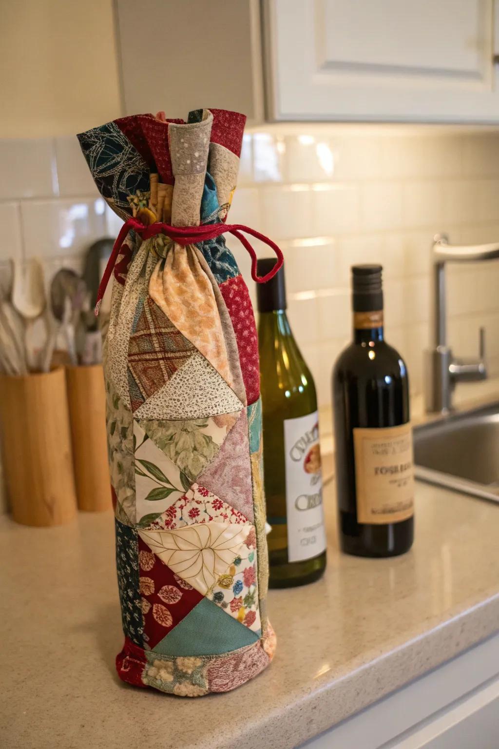 A stylish wine bag crafted from fabric scraps adds a personal touch to gifts.